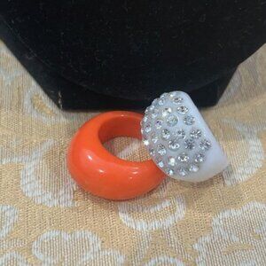 2 LUCITE Orange/White Rhinestone Chunky RINGS
